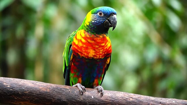 Close-up of a colorful parrot perched on a branch, colorful parrot branch comb