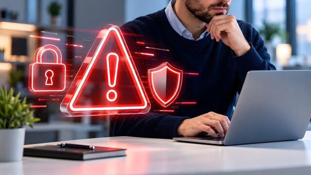 Businessman working on laptop with glowing red security alert warning triangle padlock and shield icons representing cyber threat and data protection