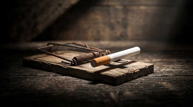 Conceptual image of a cigarette used as bait on a wooden mousetrap symbolizing smoking addiction
