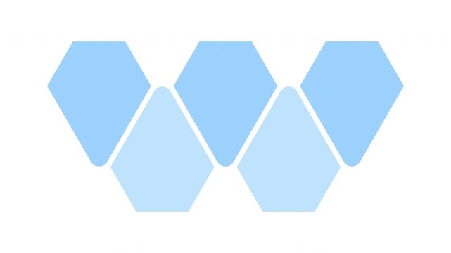 Animated five step polygon tile infographic, blue connected chain process workflow, modern business presentation layout, clean motion video clip