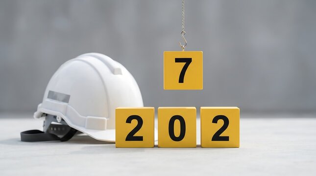 White hard hat and yellow blocks displaying the number 7 hundred 202 construction 2027