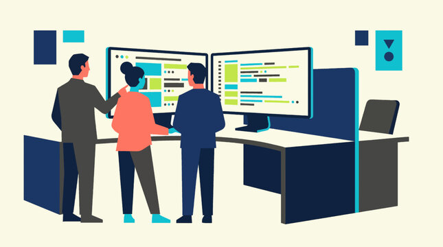 Software Team Reviewing Code on Shared Monitors