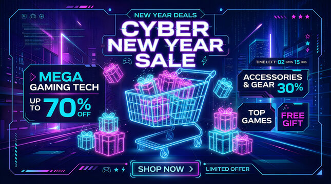 Cyber New Year Sale with glowing neon shopping cart filled with gifts against digital cityscape