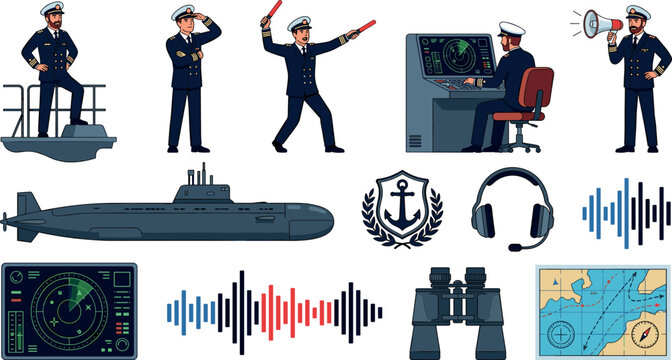Navy Captain Officer Vector Character Set with Submarine, Radar Screen, Navigation Map, and Anchor Badge Elements for Marine Designs
