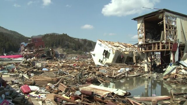 Destroyed Buildings And Debris In Aftermath Of Tsunami In Japan