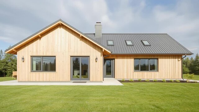 Modern Wooden House with Dark Metal Roof and Green Lawn Beneath Cloudy Sky