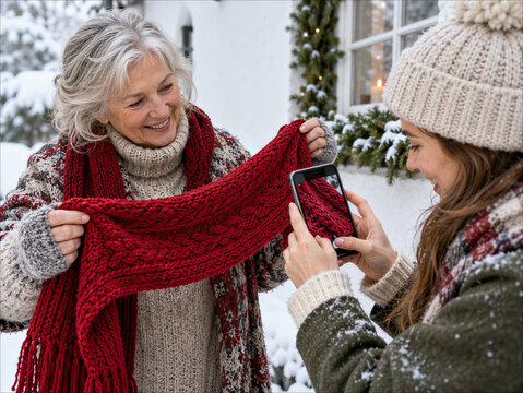 Woman Photographing Senior Artisan's Handmade Red Knitted Scarf With Smartphone in Snow
