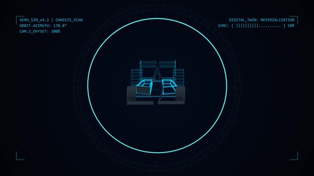 3D futuristic Formula 1 race car transforming from a glowing cyan wireframe blueprint into a solid carbon fiber body. Features dynamic zoom in/out camera choreography, HUD elements, and a seamless 360