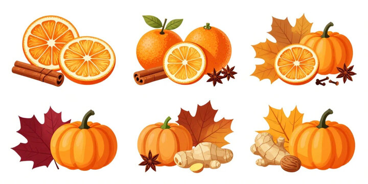 Fall spice compositions featuring ripe pumpkins, orange slices, ginger root, and maple leaves are set against a plain background.