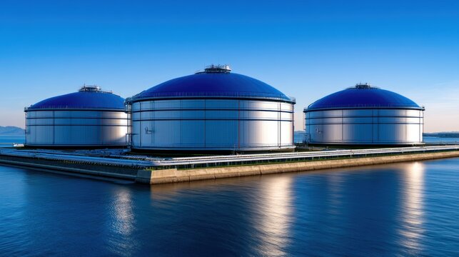 Industrial storage tanks on water under clear sky