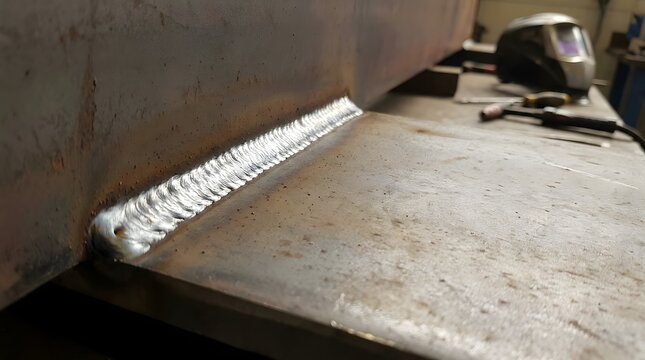 A high-quality close-up view of a precision TIG metal fillet weld joint on raw industrial steel plate surfaces in a workshop, featuring a shiny weld bead texture with professional fabrication detail.