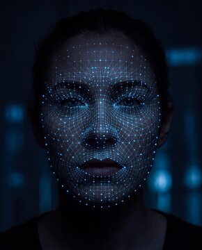 Abstract wireframe mesh overlaying a human face with glowing dots mapping features representing artificial intelligence facial recognition