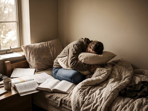 Exhausted Student Curled Up on Bed Holding Pillow Surrounded by Books and Papers with Soft Natural Light for Mental Health Campaign