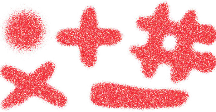 Red Spray Paint Grainy Symbols Set, Circle, Plus, Cross, Hashtag and Line Icons