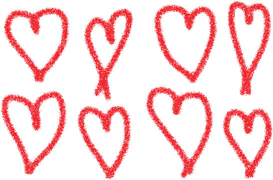 Red Hand Drawn Grainy Heart Symbols Set, Crayon Texture Doodle Hearts Collection