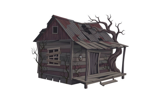 Spooky Haunted Abandoned Wooden Shack Vector Illustration with Dead Tree Isolated on White Background   