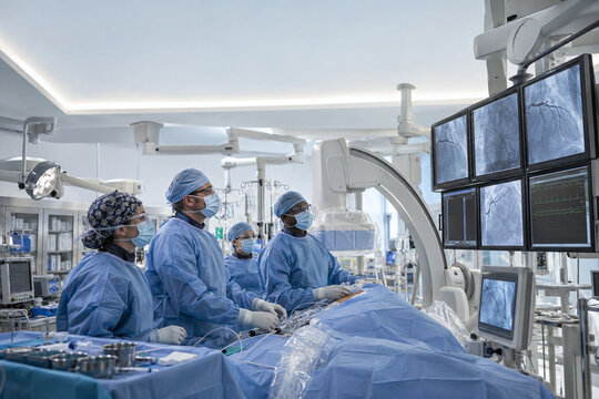 Cardiology Team Performing Angiography in Modern Catheter Laboratory