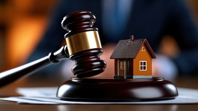 Lawyer gaveling miniature house on desk document