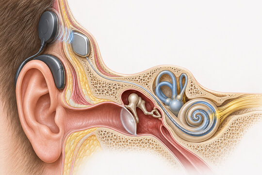 Cochlear Implant System Inside Human Ear Cutaway Illustration