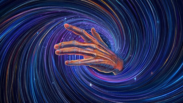 Human Hand Emerging from a Cosmic Swirl