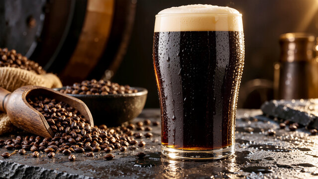 Freshly Poured Dark Stout Craft Beer with Frothy Head in Glass beside Roasted Coffee Beans and Wooden Scoop on Rustic Bar