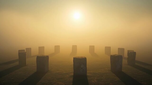 Foggy Concrete Pillar Landscape Under Golden Sunlight at Atmospheric Dawn Mist
