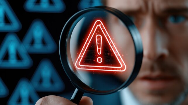 Magnified warning symbol on digital background