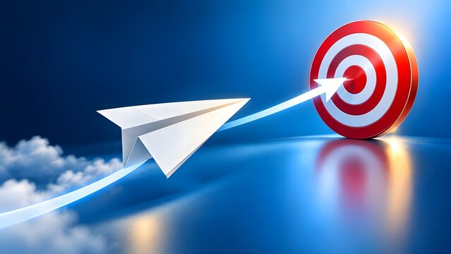 White paper airplane flying towards a red and white target with a bright arrow indicating the path and success on a blue sky background with clouds