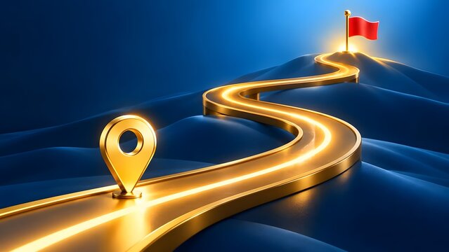 Golden winding road with a map pin marker leading to a red flag on a hilltop symbolizing journey destination and achievement against a dark blue background.