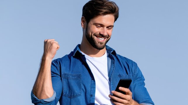 Man celebrating success while looking at smartphone screen