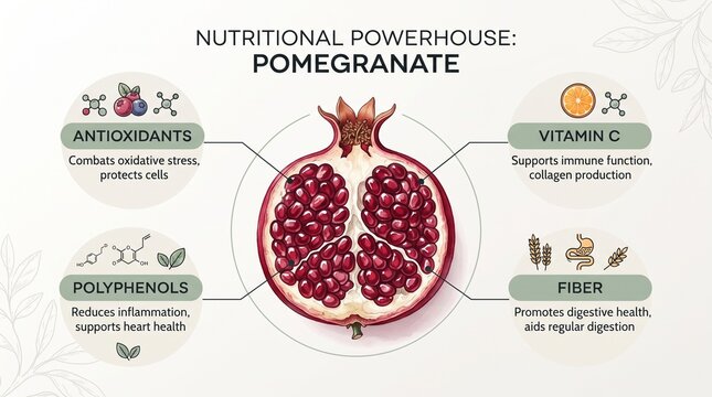 Pomegranate Cross-Section Infographic with Nutritional Facts and Health Benefits Design
