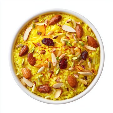 Baisakhi sweet rice with saffron and dry fruits isolated on a white background