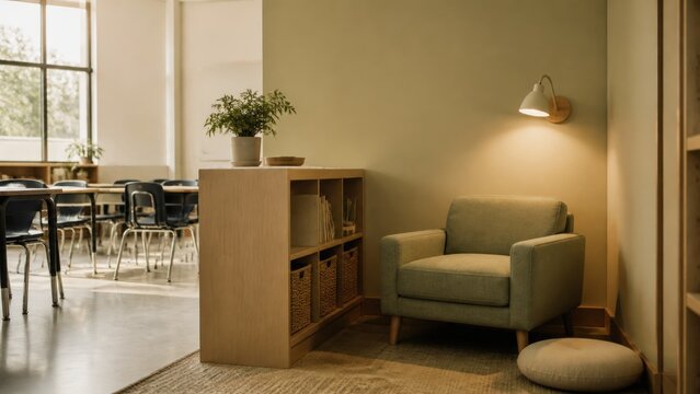 Sensory classroom design reading nook with upholstered seating and a dimmable wall light