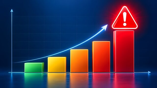 Bar chart showing upward trend with a prominent red warning sign on the highest bar symbolizing risk or alert during growth