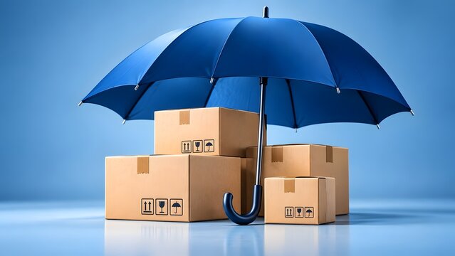 Blue umbrella protecting stacked cardboard shipping boxes from potential damage symbolizing logistics delivery and cargo insurance services