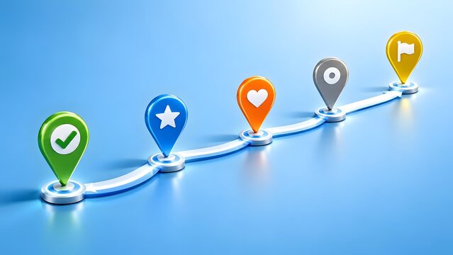 Progressive journey with colorful map pins and icons on a blue background symbolizing milestones goals and achievements along a path.