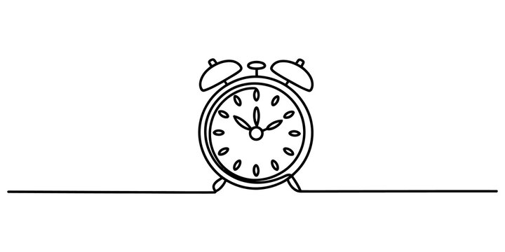 Simple line art drawing of a classic alarm clock showing the time in a continuous style for minimalist graphic design projects or business presentations isolated on transparent background, Vector