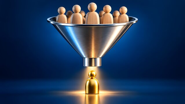 Sales funnel concept with wooden figures filtering into a golden person representing lead generation and customer acquisition in business