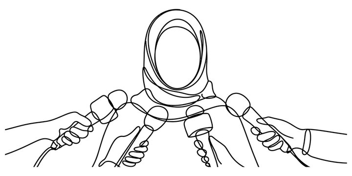 Woman wearing hijab being interviewed by journalists holding multiple microphones in a simple continuous line art drawing style for media concepts isolated on transparent background, Vector