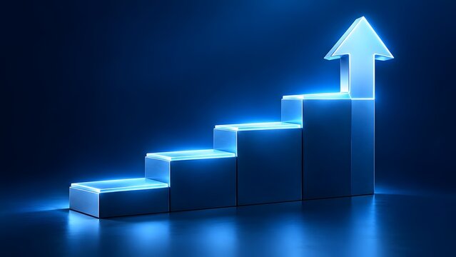 Glowing blue staircase with upward arrow symbolizing growth success and progress in business and technology concepts rendered in 3D.