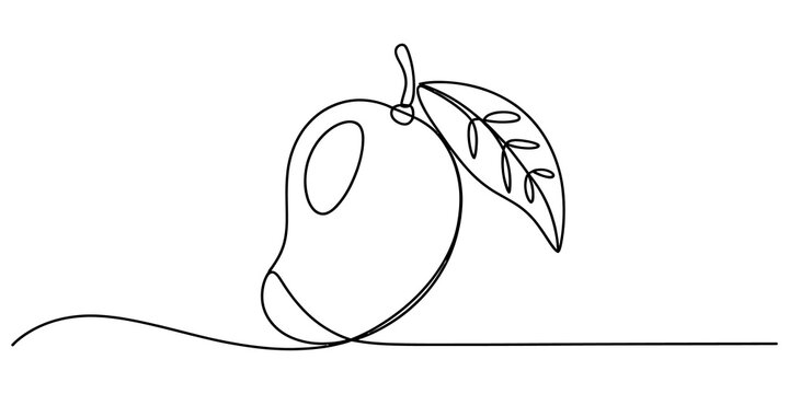 Continuous single line drawing of a fresh mango fruit with a leaf for healthy food nutrition and organic juice concept vector illustration design isolated on transparent background, Vector