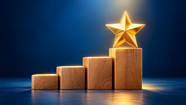 Golden star award on wooden podium steps symbolizing success achievement and reaching the top illuminated by warm light against a dark blue background.