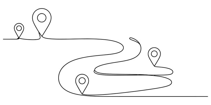 Continuous line drawing of a travel route path with multiple map location pin markers showing progress and navigation through a simple winding journey isolated on transparent background, Vector