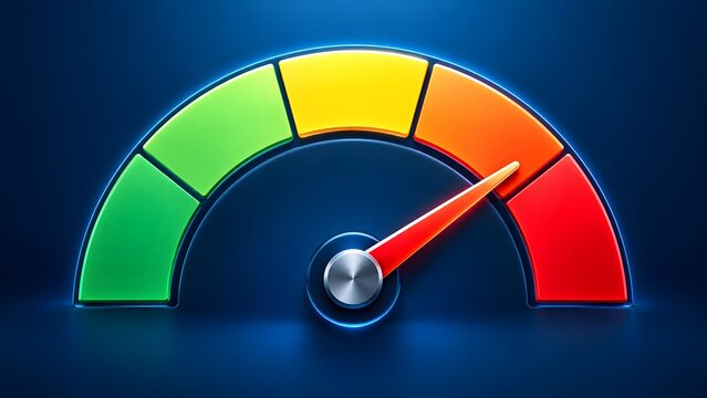 Speedometer gauge with needle pointing to red zone indicating high speed or critical level on a dark blue background with glowing neon effect