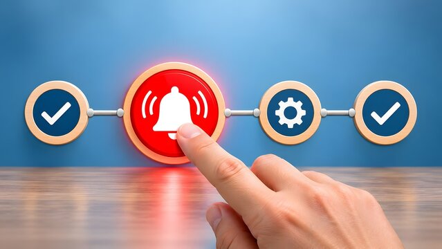 Finger pressing a glowing red notification bell icon in a digital workflow with checkmarks and gear settings