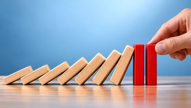 Hand stopping domino effect with red blocks preventing collapse and chaos symbolizing risk management and problem solving