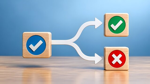 Decision making concept a blue cube with a white checkmark splits into two paths one leading to a green cube with a checkmark the other to a red cube with a cross.