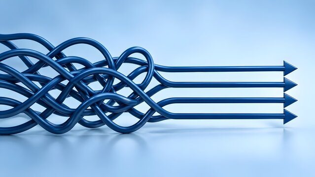 Complex tangled blue lines transform into organized parallel arrows moving forward on a light blue background
