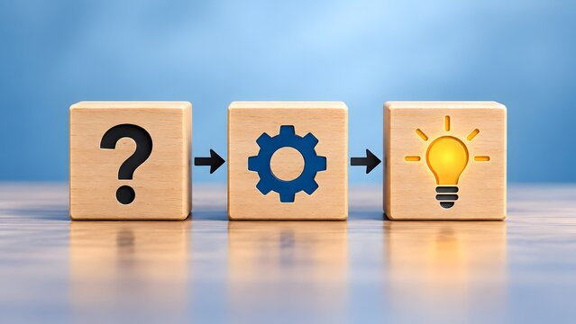 Wooden blocks with question mark gear and glowing light bulb icons in a sequence representing problem solving and idea generation