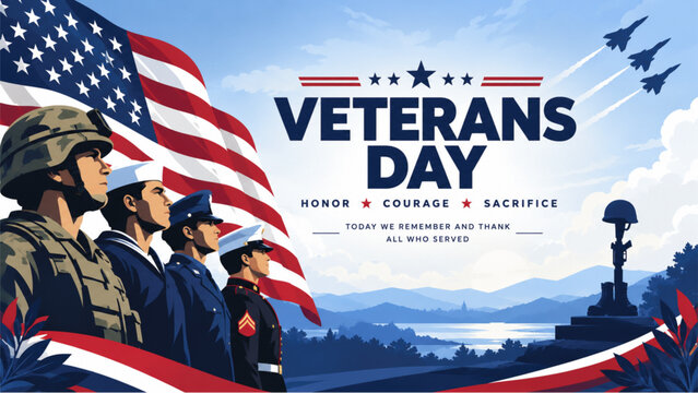 Veterans Day patriotic tribute with military personnel, American flag, memorial monument and fighter jets